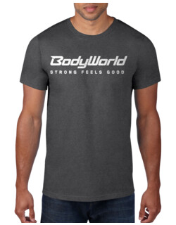 BodyWorld Pánske tričko BodyWorld Strong Feels Good tmavošedý melír
