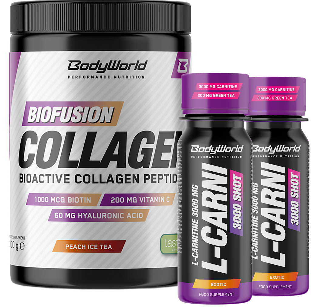 BodyWorld Biofusion Collagen 300 g jahoda + 2x L-Carnitine 3000 Shot 80 ml ZADARMO