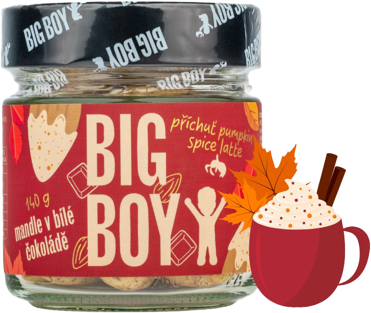 Big Boy Mandle v bielej čokoláde s príchuťou pumpkin spice latte 140 g mandle v bílé čokoládě s příchutí pumpkin spice latte